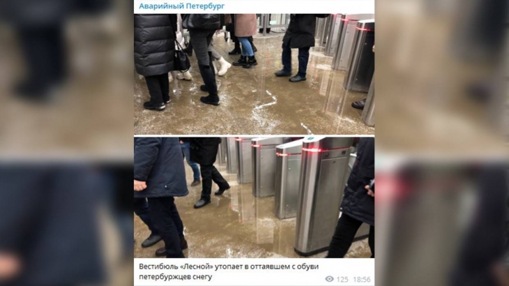 Станция петербургского метро «Лесная» утопает в таящем снегу